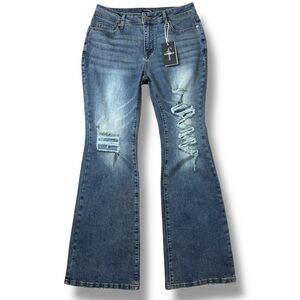 Flamingals Bootcut Jeans Distressed Stretch Medium Wash Stretch Size Large NWT